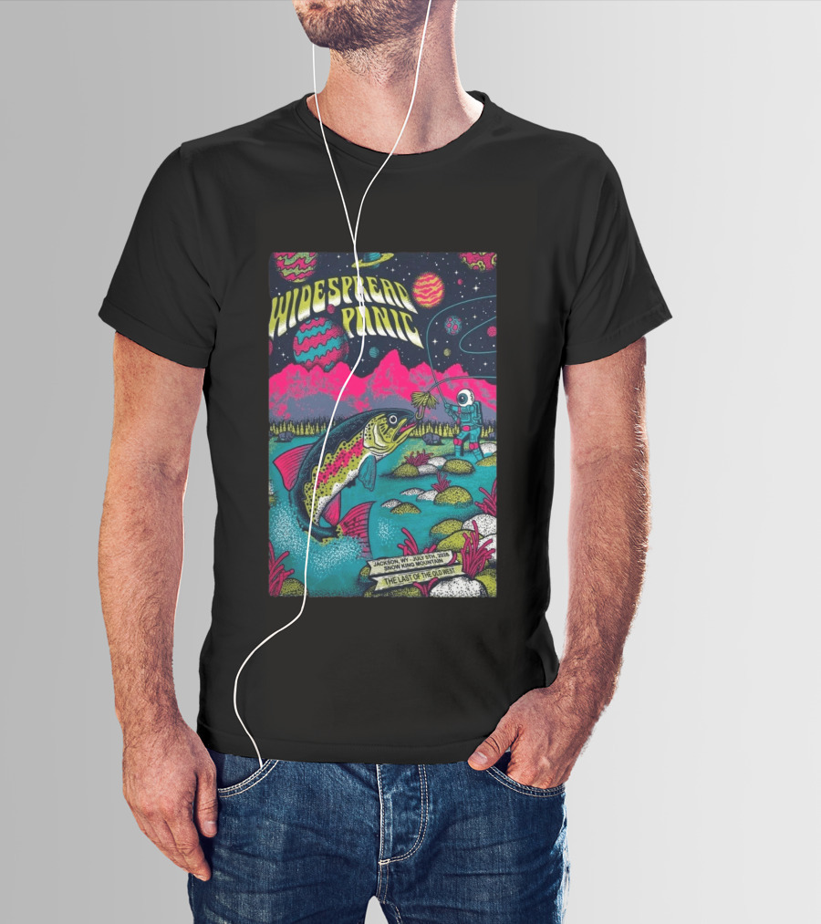 Widespread Panic Jul 5 2026 Snow King Mountain Jackson WY Cosmic Fishing Astronaut And Giant Fish Fantasy Scene T-Shirt