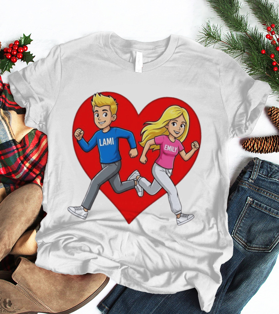 Lami And Emily Cartoon Couple Running With Heart T-Shirt