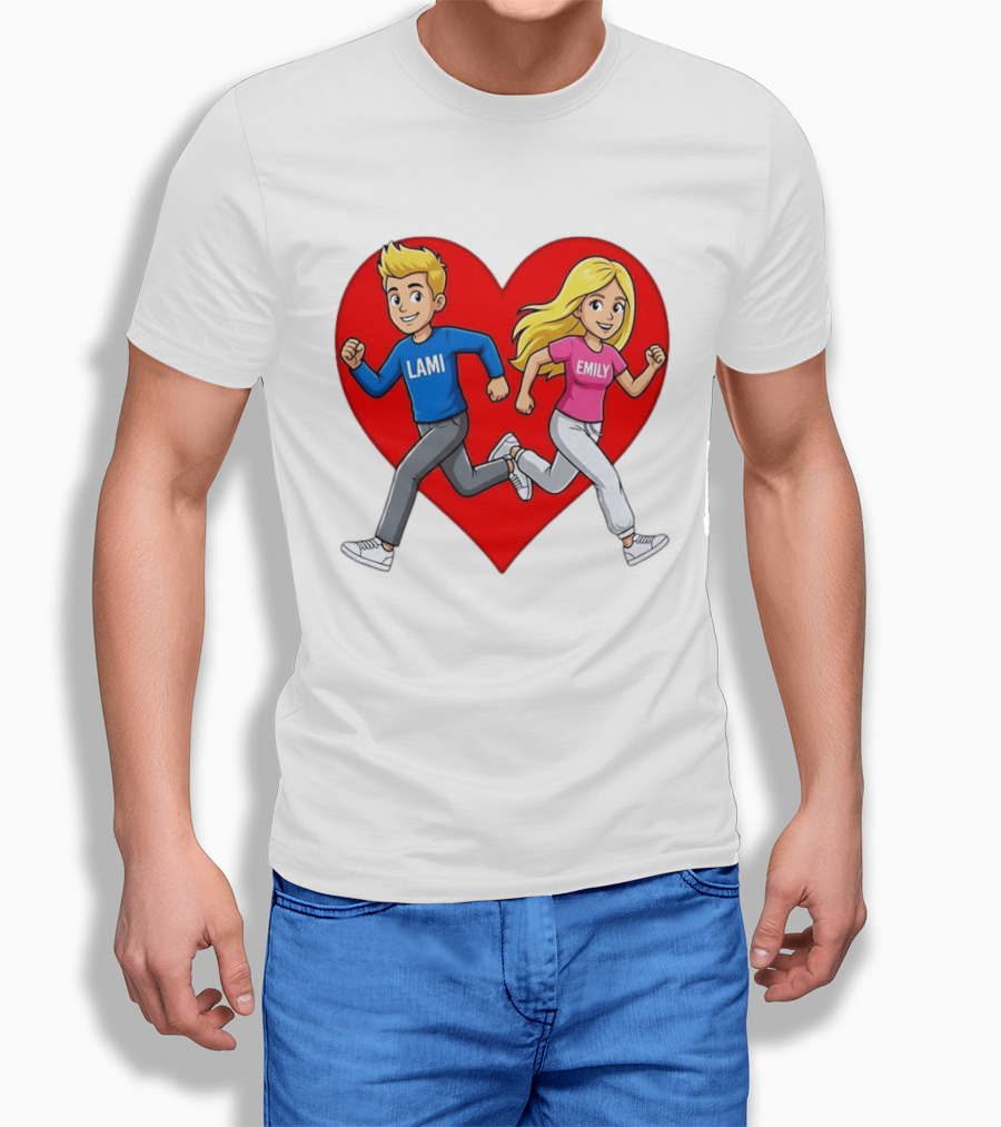 Lami And Emily Cartoon Couple Running With Heart T-Shirt