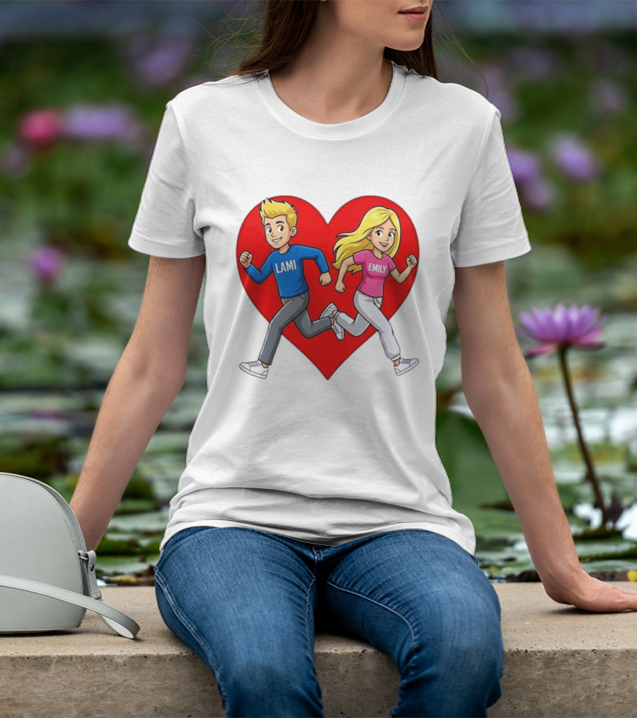 Lami And Emily Cartoon Couple Running With Heart T-Shirt