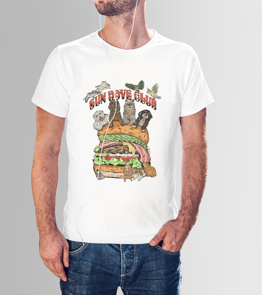 Sun Dove Club Animals On Giant Burger With Dogs And Birds T-Shirt