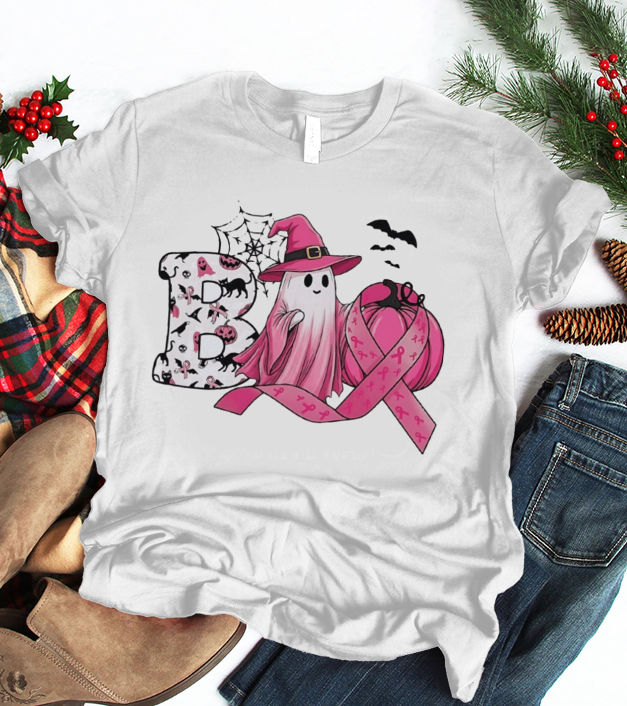 Boo Ghost Witch Pink Breast Cancer Ribbon Halloween Pumpkin T-Shirt