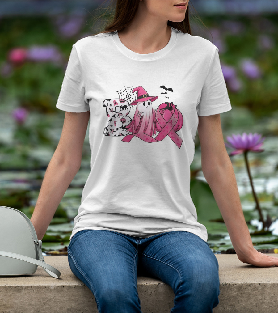 Boo Ghost Witch Pink Breast Cancer Ribbon Halloween Pumpkin T-Shirt