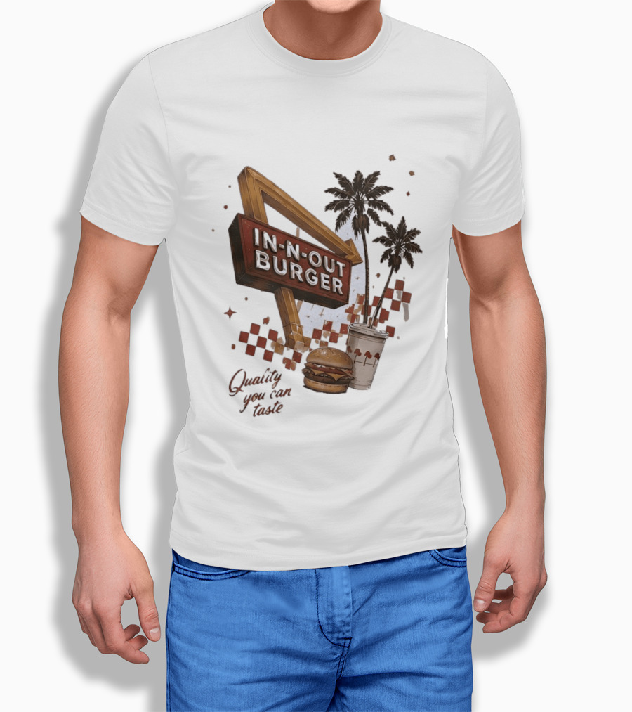 IN N OUT Burger Quality You Can Taste Sign With Palm Trees And Checkered T-Shirt