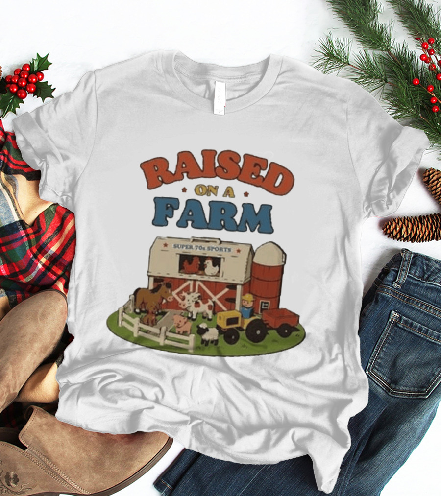 Raised On A Farm Super 70s Sports Vintage Barnyard Scene With Tractor And Animals T-Shirt