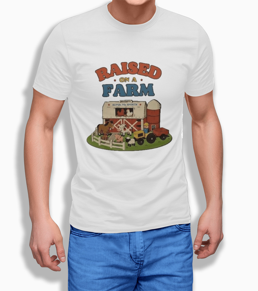 Raised On A Farm Super 70s Sports Vintage Barnyard Scene With Tractor And Animals T-Shirt