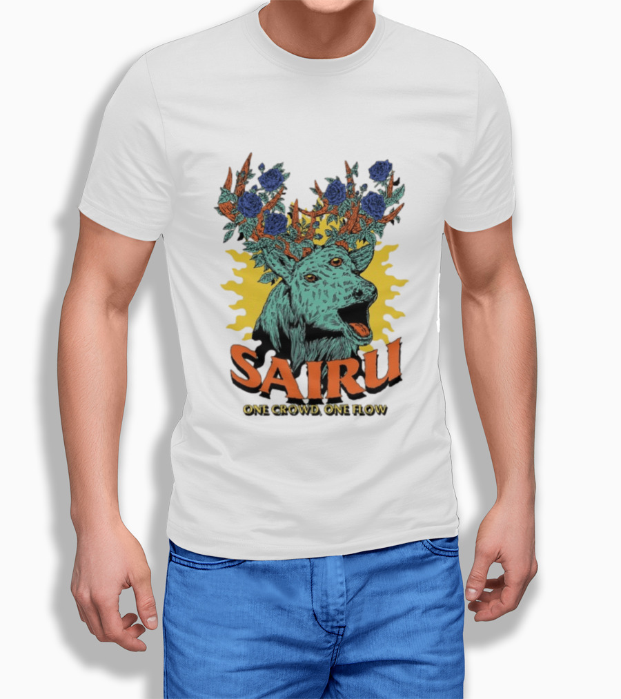 Sairu One Crowd One Flow Deer With Blue Roses Horns T-Shirt