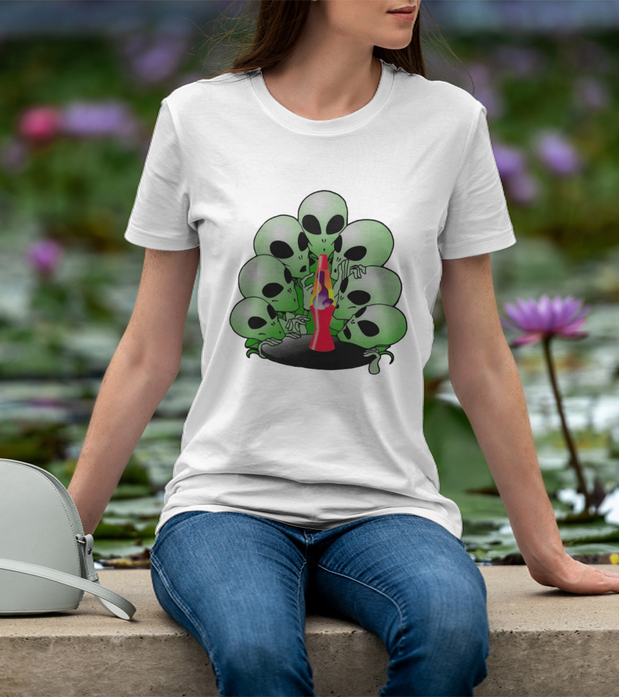 Aliens Gathering Around Colorful Lava Lamp T-Shirt