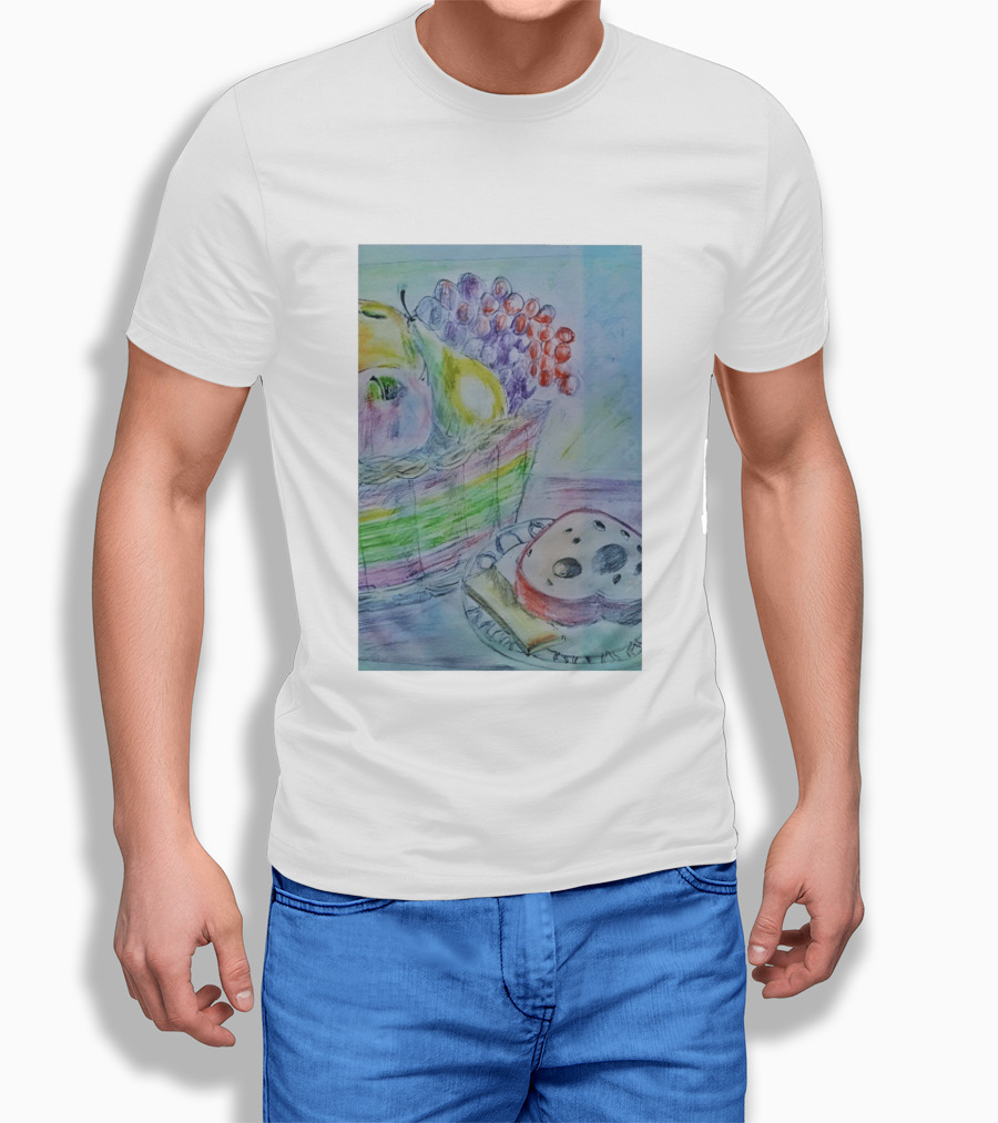 Fruit Basket Bagel Still Life Drawing Pears Apples Grapes Bread T-Shirt