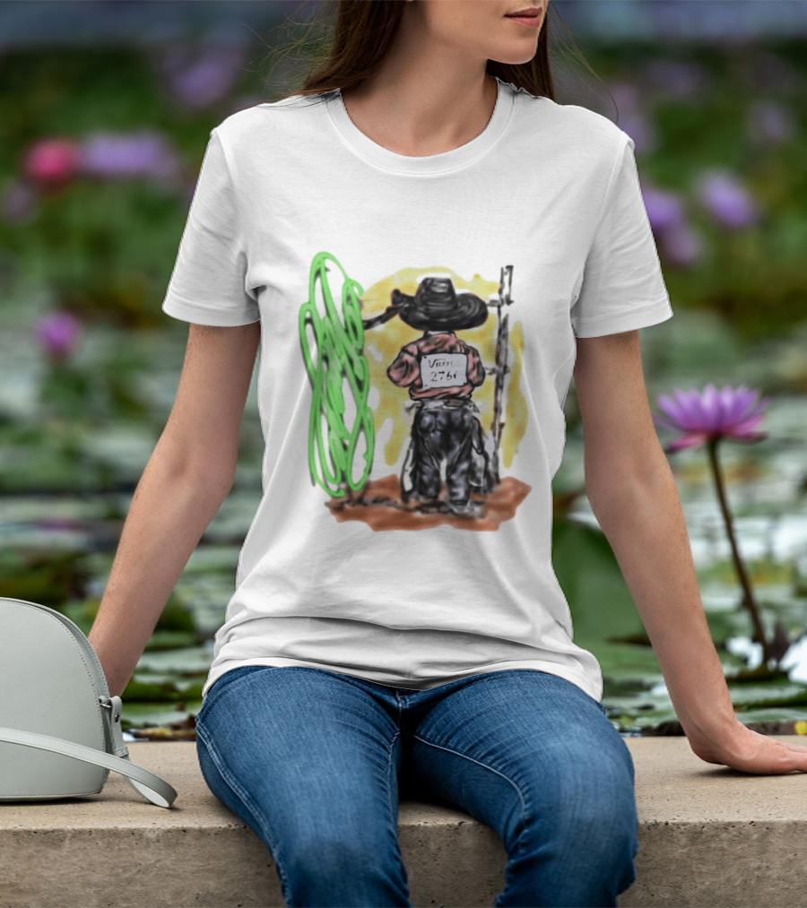Vnere 2766 Cowboy Vintage Western Art With Hat And Fence T-Shirt