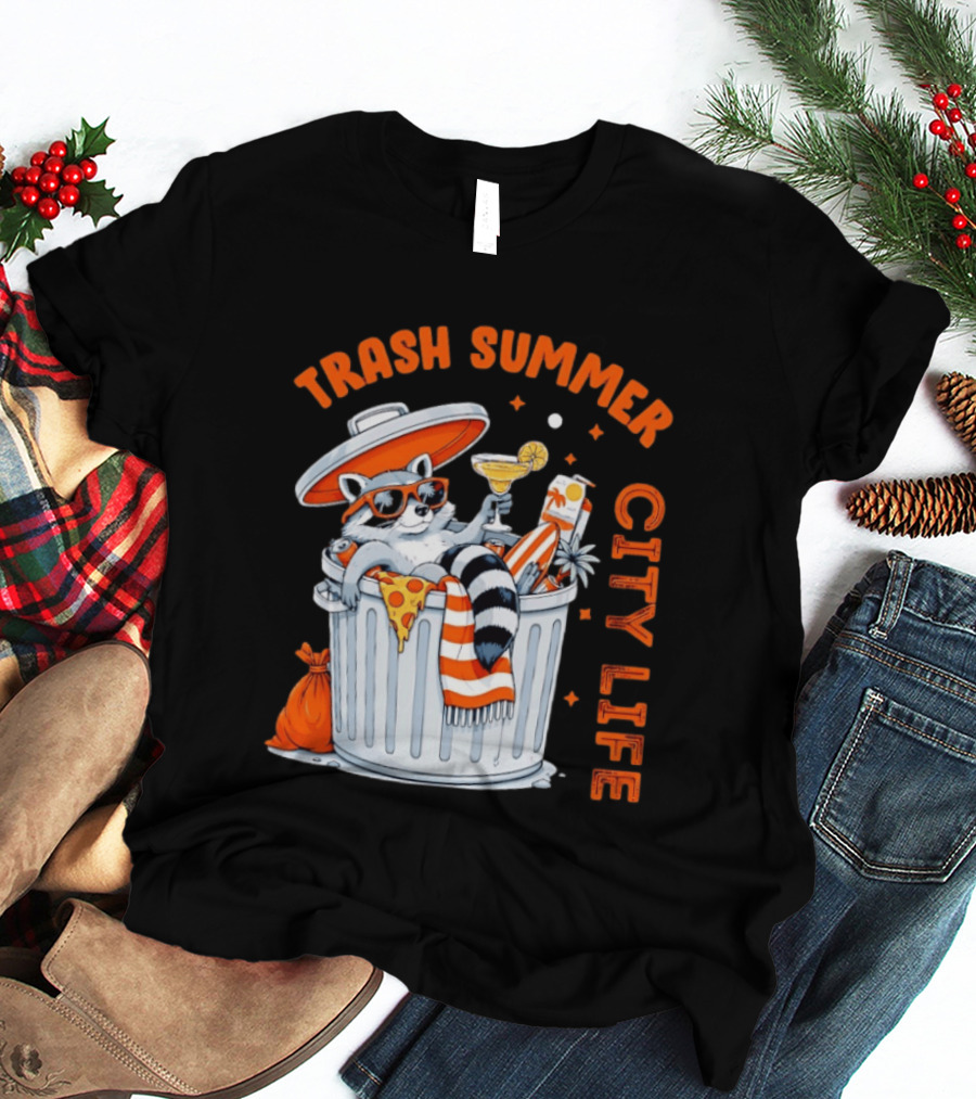 Trash Summer City Life Raccoon Enjoying Urban Vibes With Pizza And Martini T-Shirt