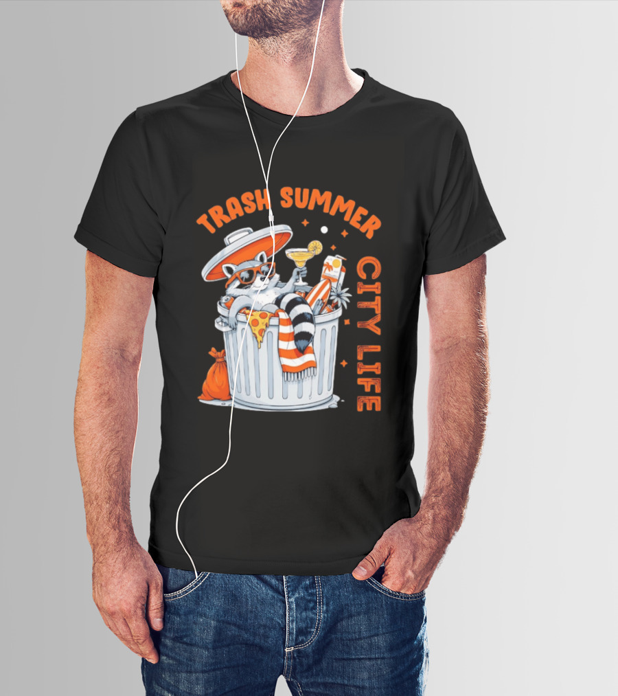 Trash Summer City Life Raccoon Enjoying Urban Vibes With Pizza And Martini T-Shirt