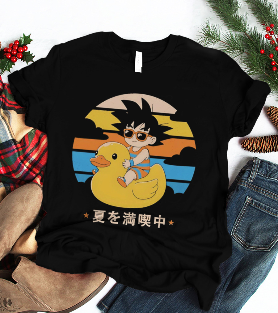 Young Goku Riding Rubber Duck At Sunset Enjoying Summer T-Shirt