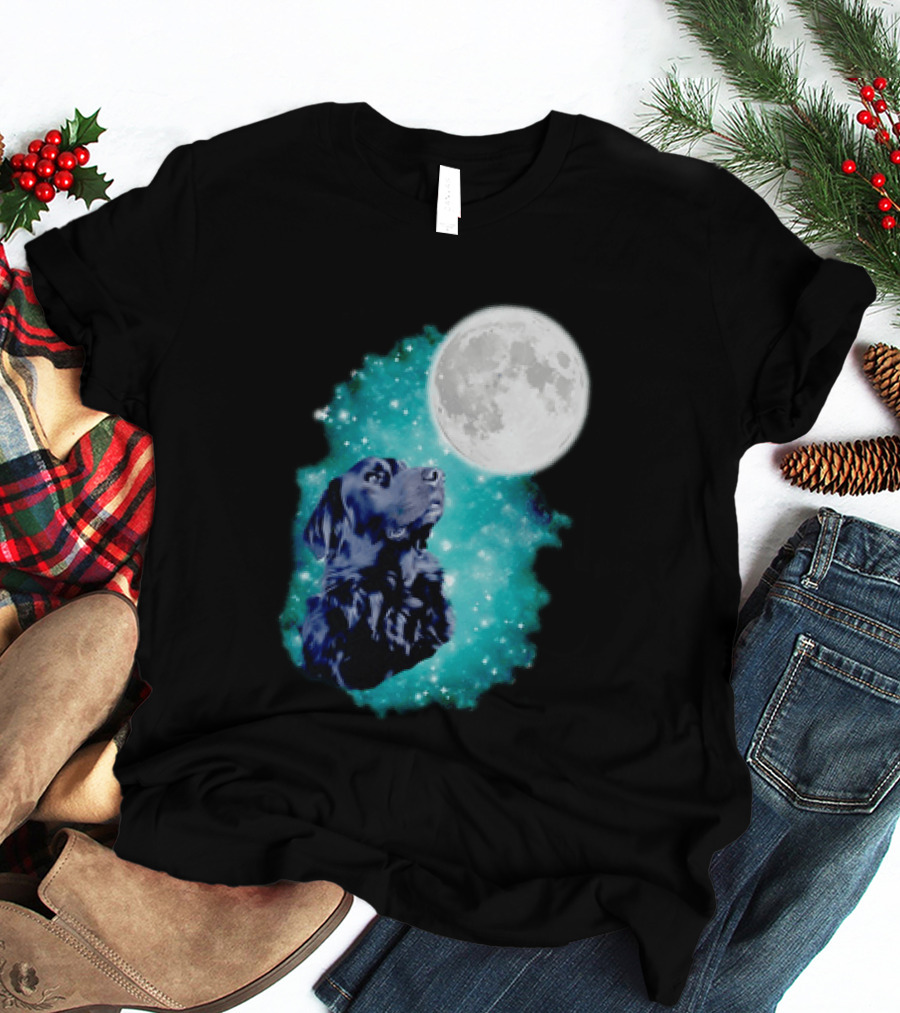 Black Dog Under Moon In Galaxy Space T-Shirt