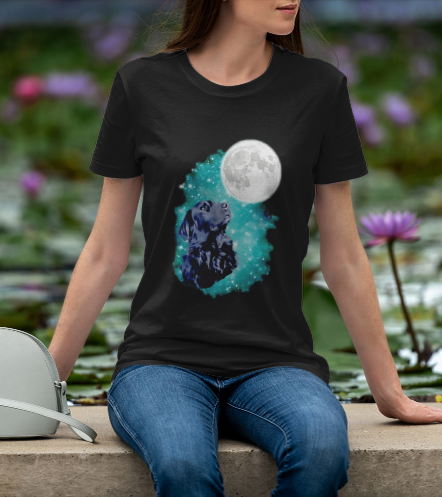 Black Dog Under Moon In Galaxy Space T-Shirt