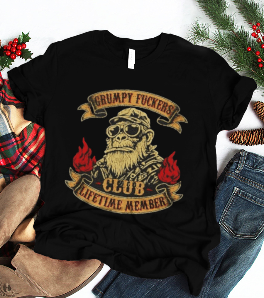 Grumpy Fuckers Club Lifetime Member Monkey With Sunglasses And Flames T-Shirt