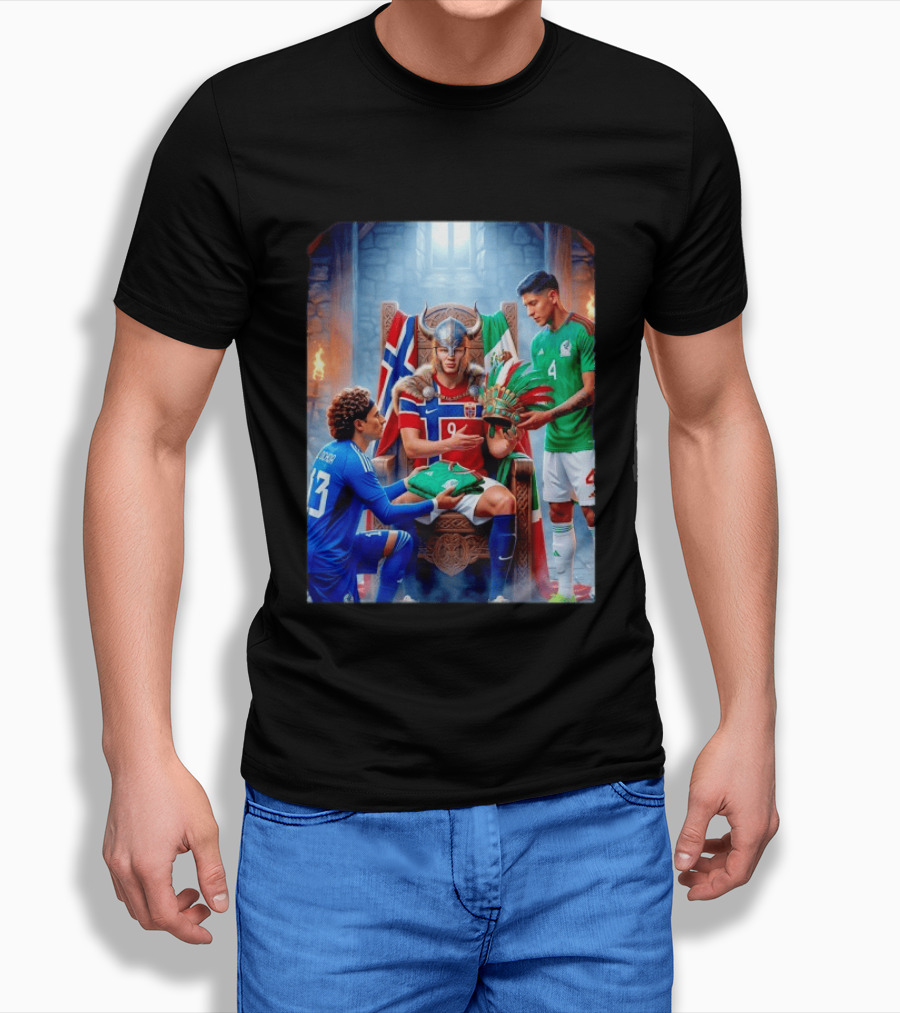 Guillermo Ochoa And Johan Vasquez Offering Mexico Jersey To Viking Erling Haaland With Norway Flag In Throne Room T-Shirt