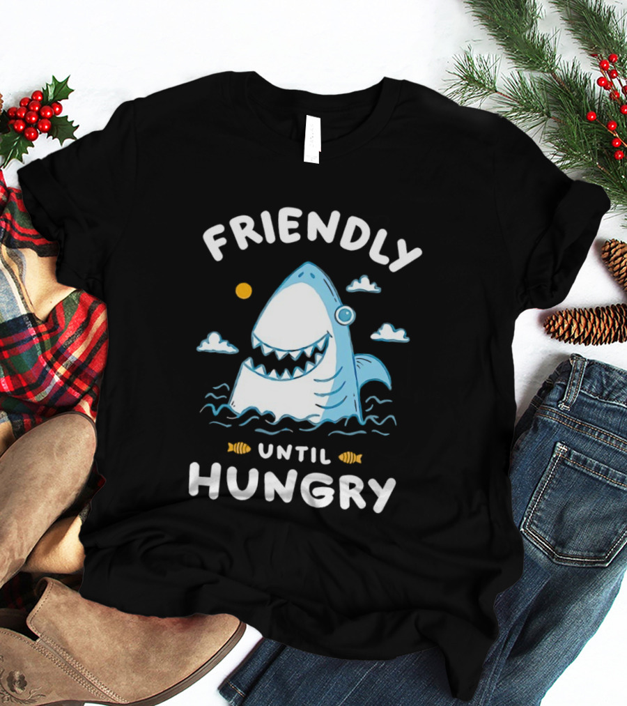 Friendly Shark Grinning Until Hungry Cloudy Ocean Scene T-Shirt