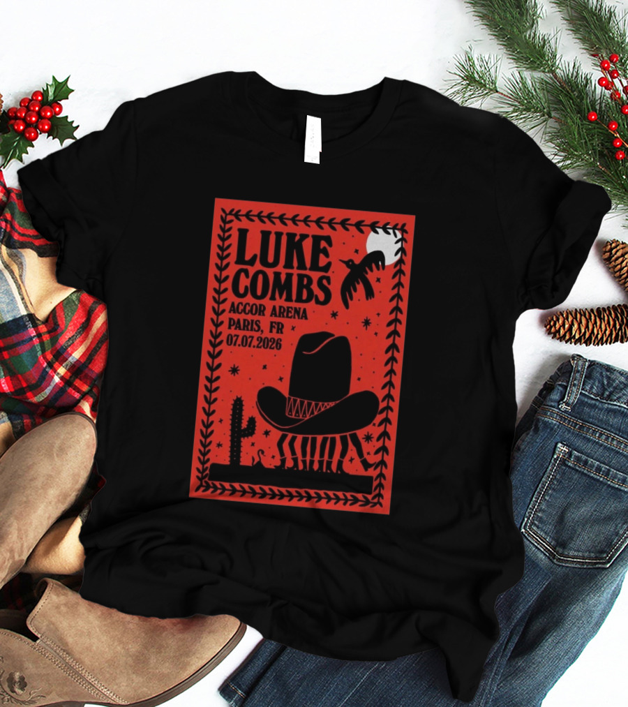 Luke Combs Accor Arena Paris FR 07.07.2026 Cowboy Hat Cactus Moon Desert Scene T-Shirt