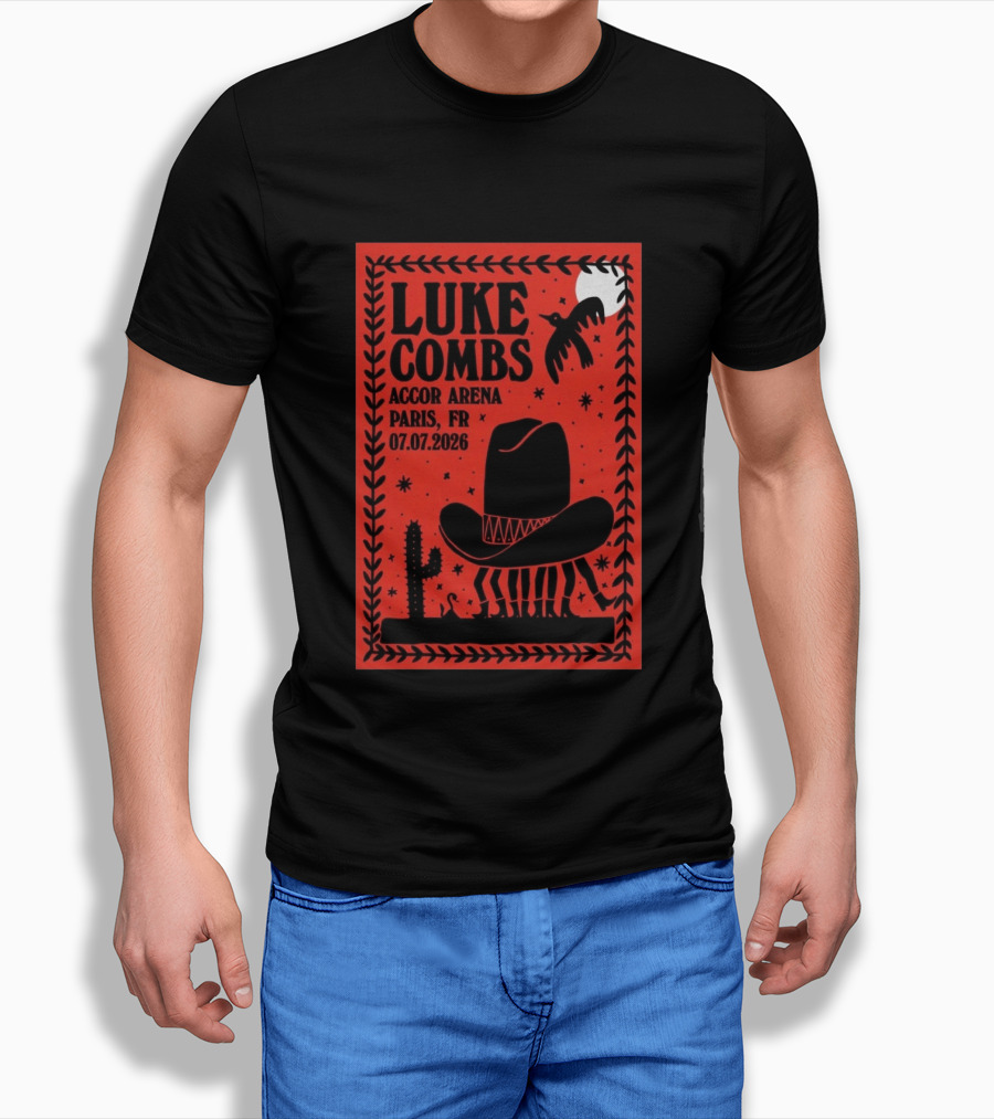 Luke Combs Accor Arena Paris FR 07.07.2026 Cowboy Hat Cactus Moon Desert Scene T-Shirt
