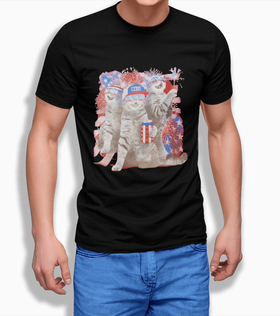 Mew's A Patriotic American Flag Cats Fireworks Party Animal Holiday USA T-Shirt