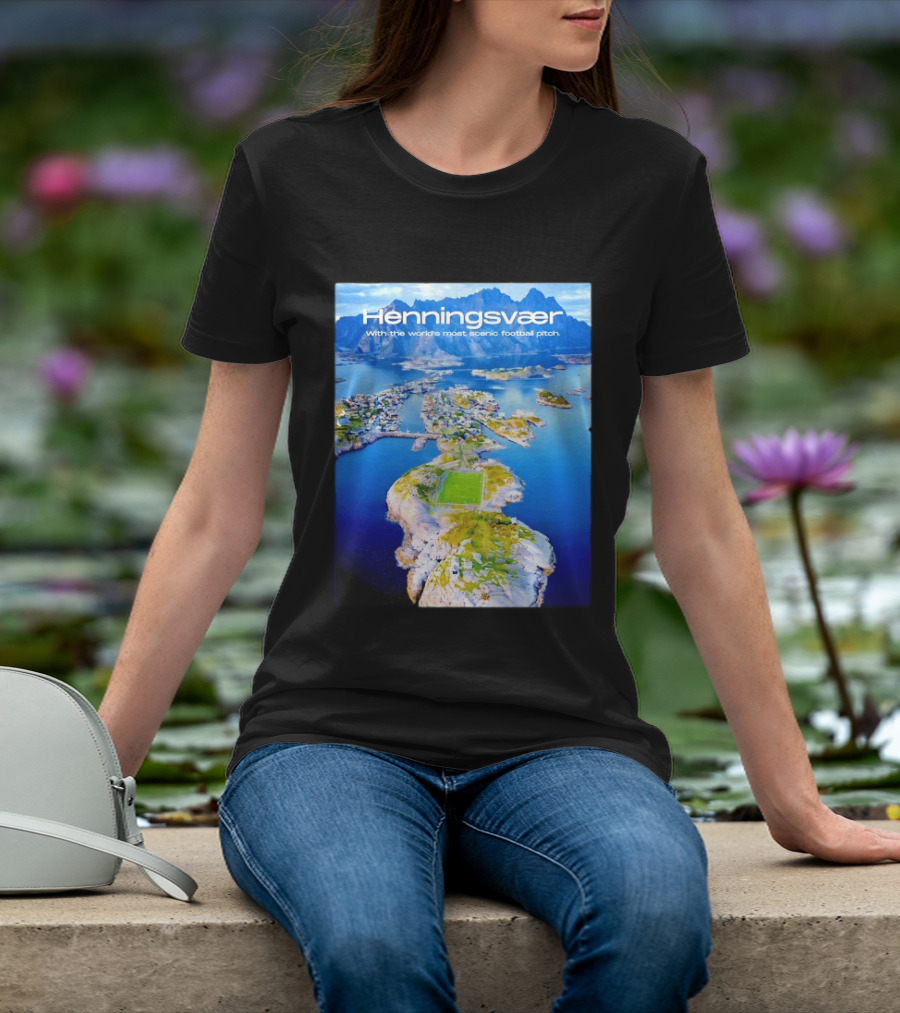 Henningsvaer With The World's Most Scenic Football Pitch Aerial View T-Shirt