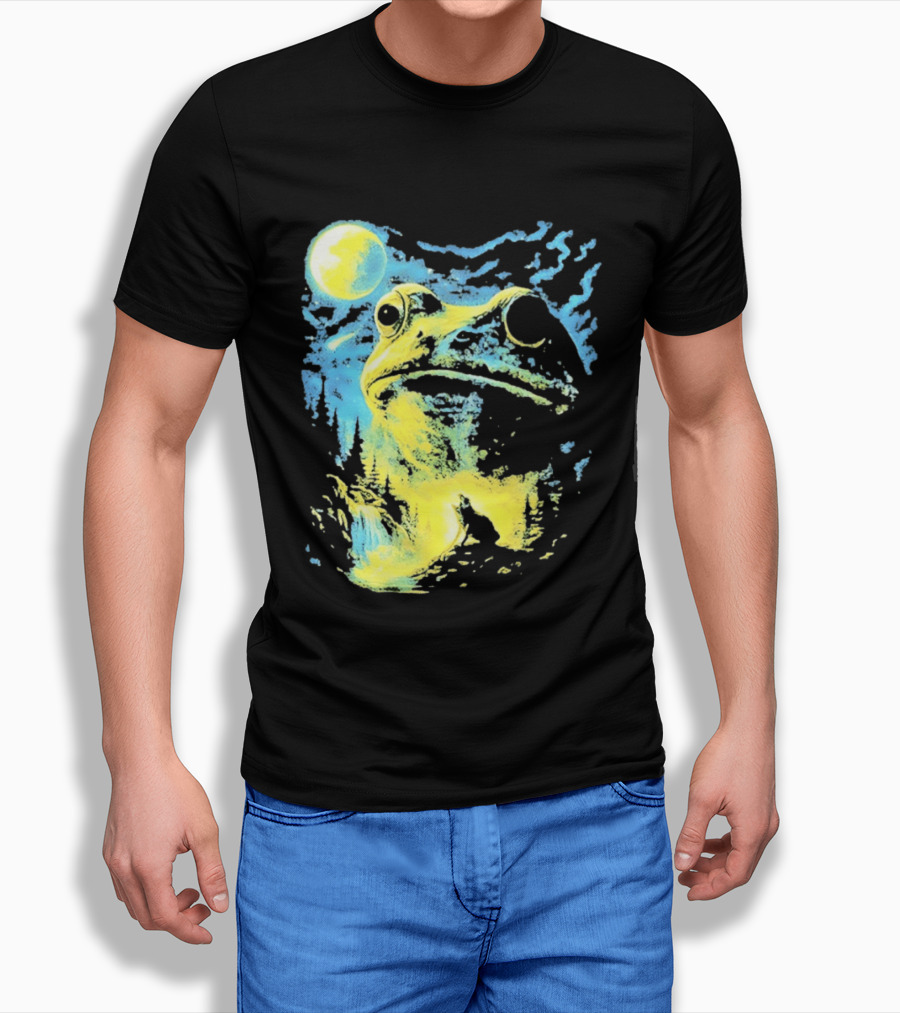 Howling Wolf Frog Moon Night Scene Surreal Fantasy T-Shirt