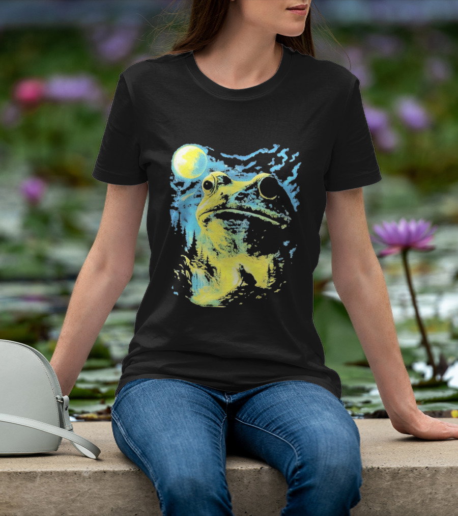 Howling Wolf Frog Moon Night Scene Surreal Fantasy T-Shirt
