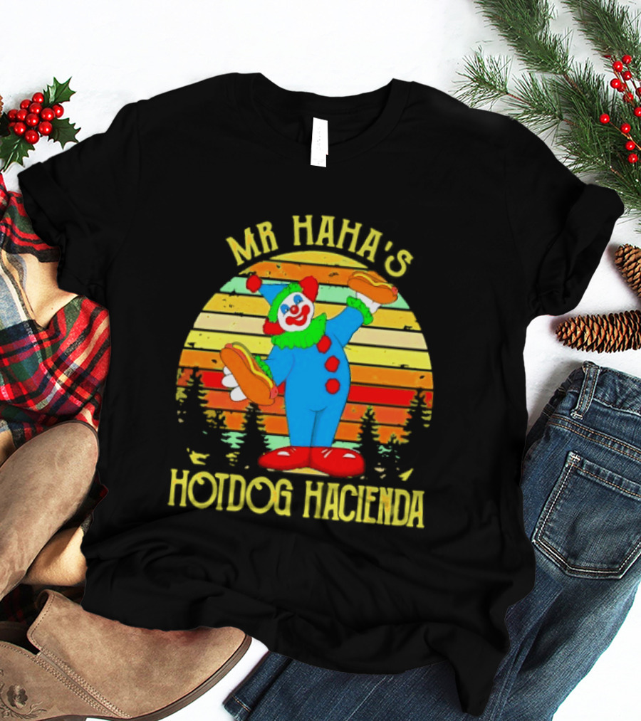 Mr Haha's Hotdog Hacienda Clown In Colorful Costume With Hot Dog T-Shirt