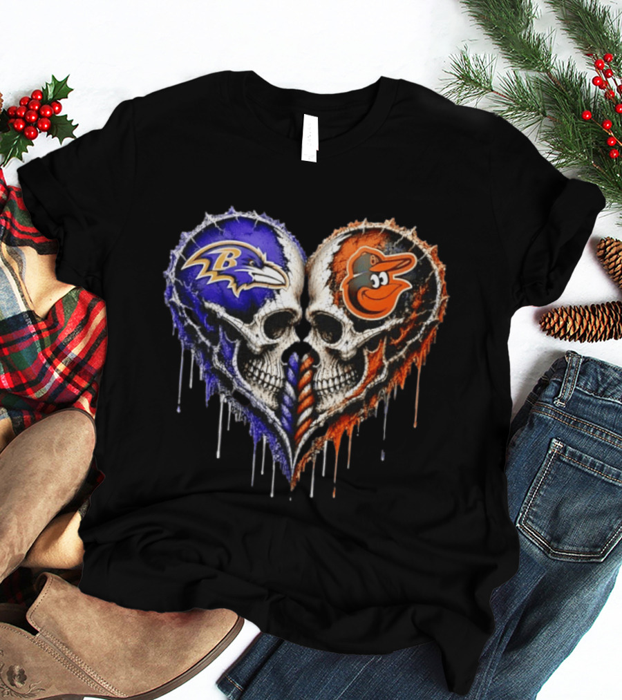 Baltimore Ravens And Baltimore Orioles Skull Heart T-Shirt