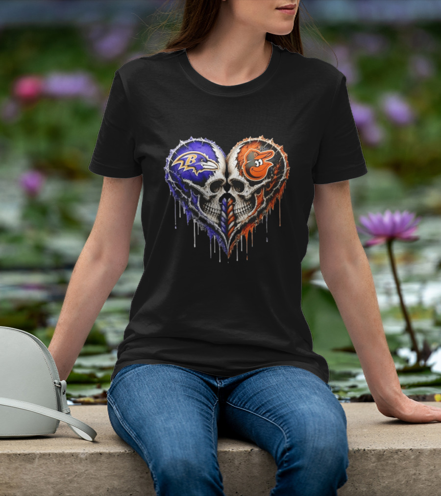 Baltimore Ravens And Baltimore Orioles Skull Heart T-Shirt