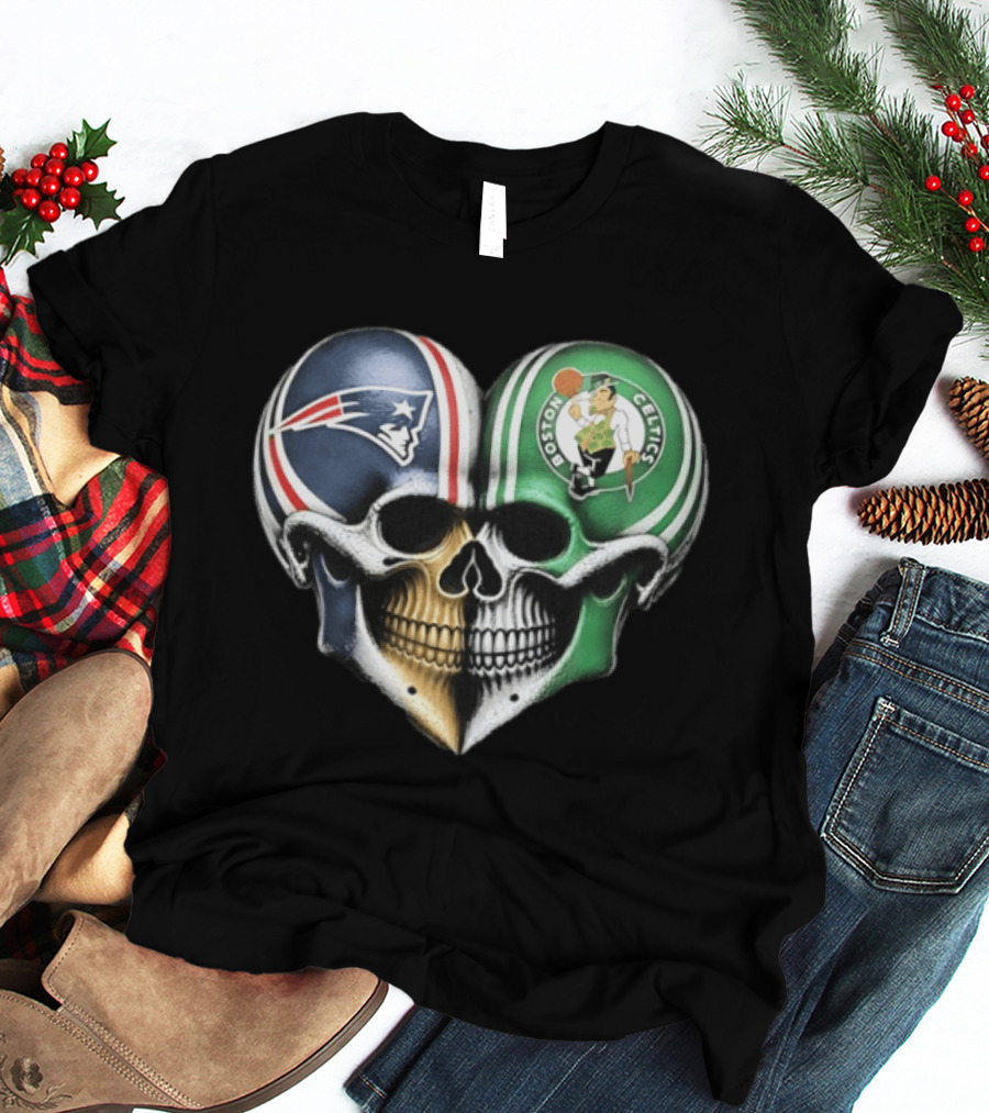 Boston Celtics And New England Patriots Skull Heart T-Shirt