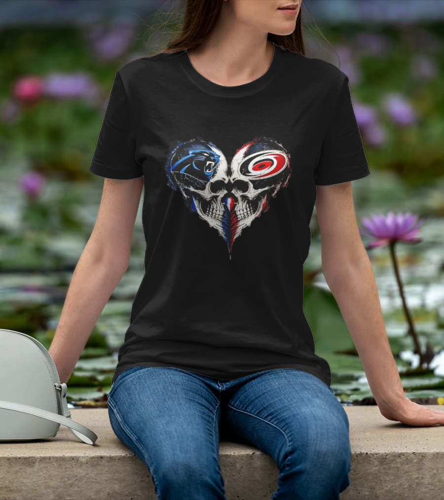 Carolina Panthers And Carolina Hurricanes Heart Skulls T-Shirt