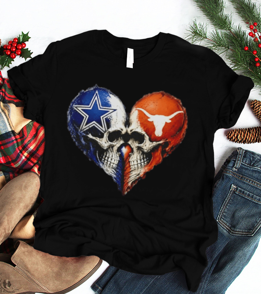 Dallas Cowboys And Texas Longhorns Skulls Heart T-Shirt