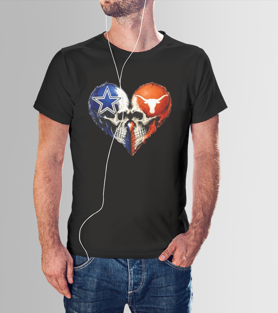 Dallas Cowboys And Texas Longhorns Skulls Heart T-Shirt