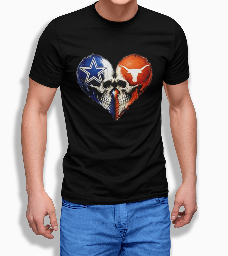 Dallas Cowboys And Texas Longhorns Skulls Heart T-Shirt