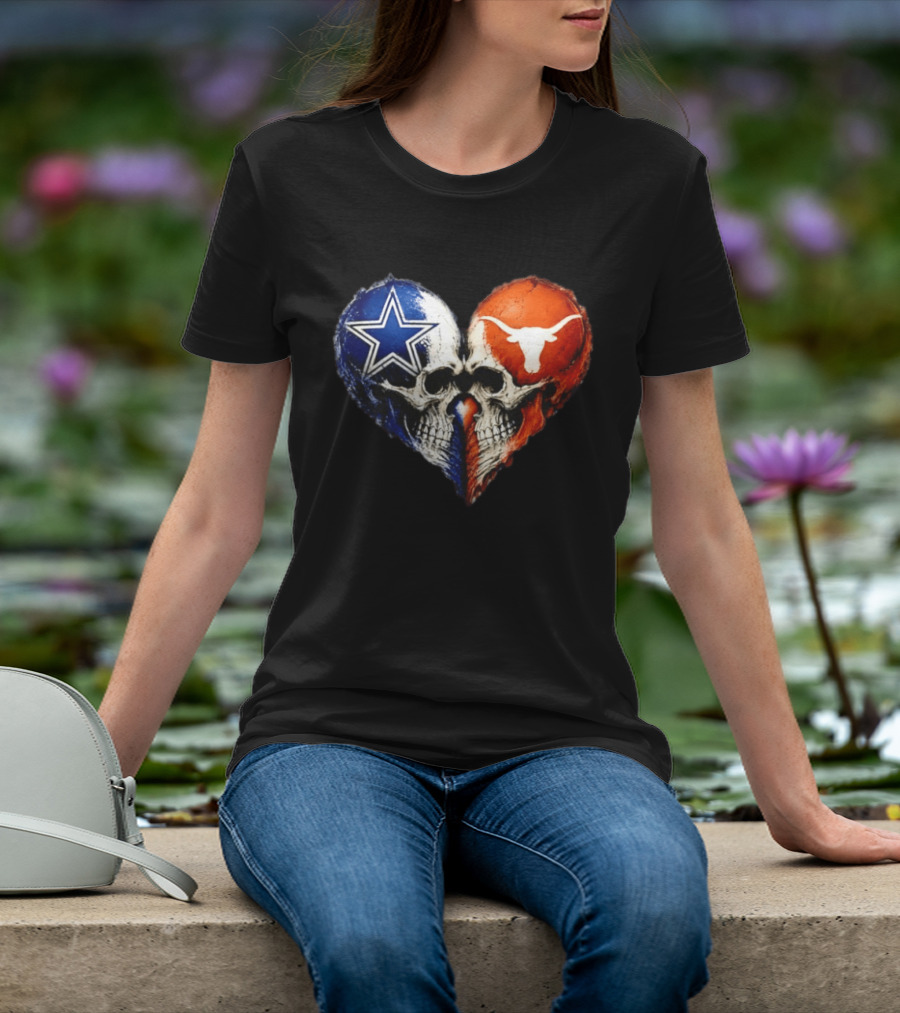 Dallas Cowboys And Texas Longhorns Skulls Heart T-Shirt