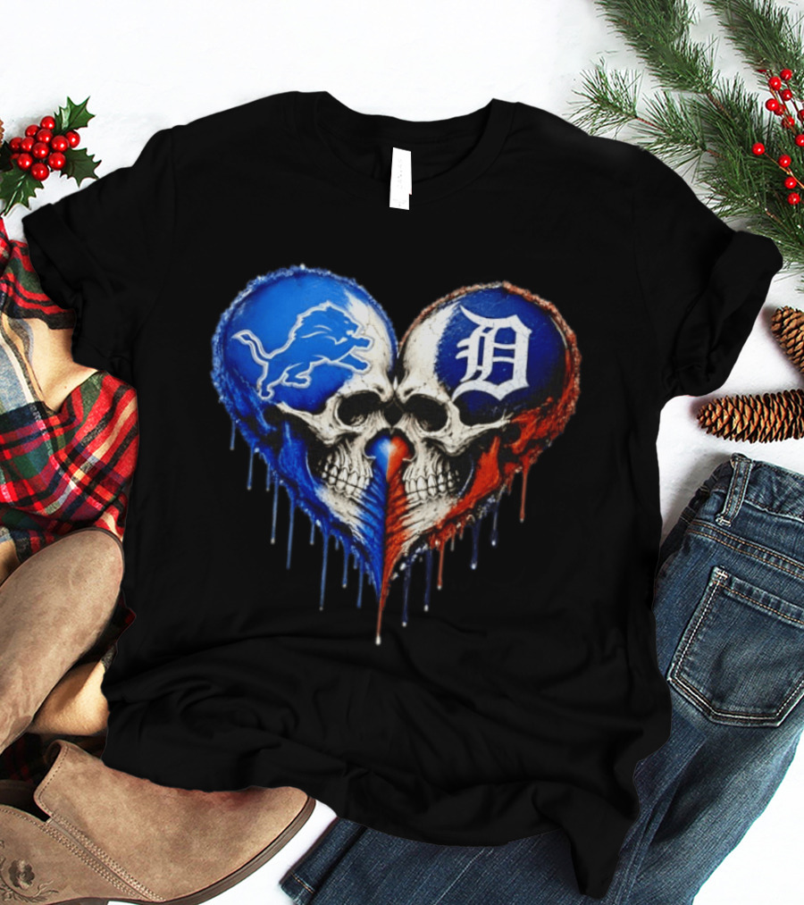 Detroit Lions And Detroit Tigers Skull Heart T-Shirt
