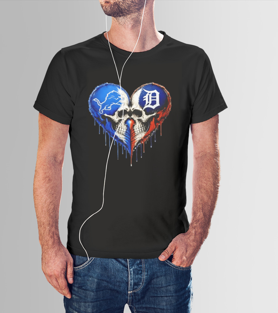 Detroit Lions And Detroit Tigers Skull Heart T-Shirt