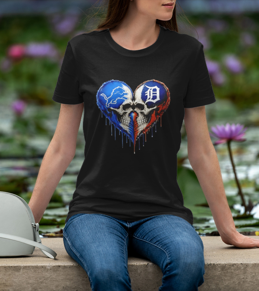 Detroit Lions And Detroit Tigers Skull Heart T-Shirt