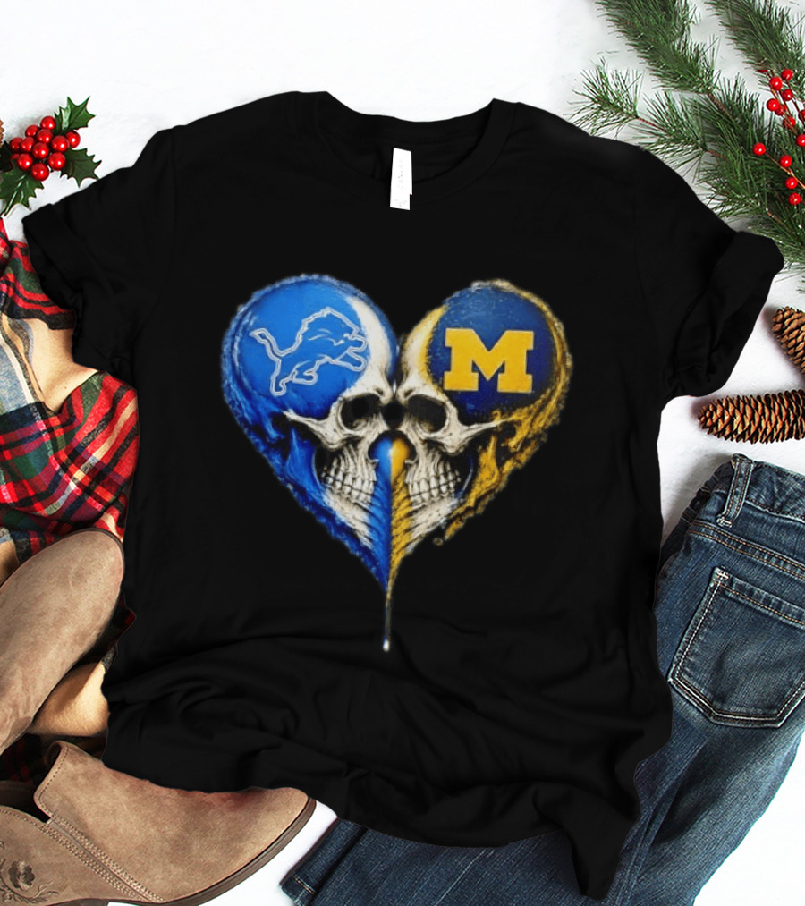 Detroit Lions And Michigan Wolverines Heart Skulls T-Shirt