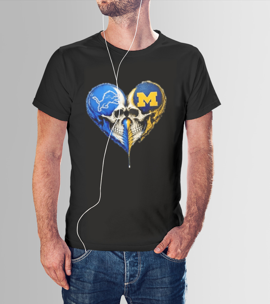 Detroit Lions And Michigan Wolverines Heart Skulls T-Shirt