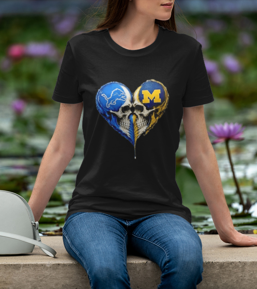 Detroit Lions And Michigan Wolverines Heart Skulls T-Shirt