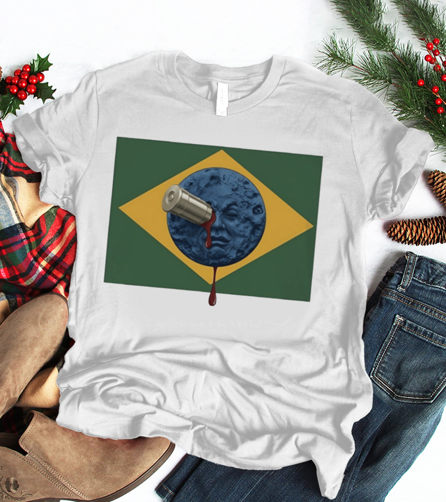 Brazil Flag Moon Face With Bullet And Bleeding Effect T-Shirt