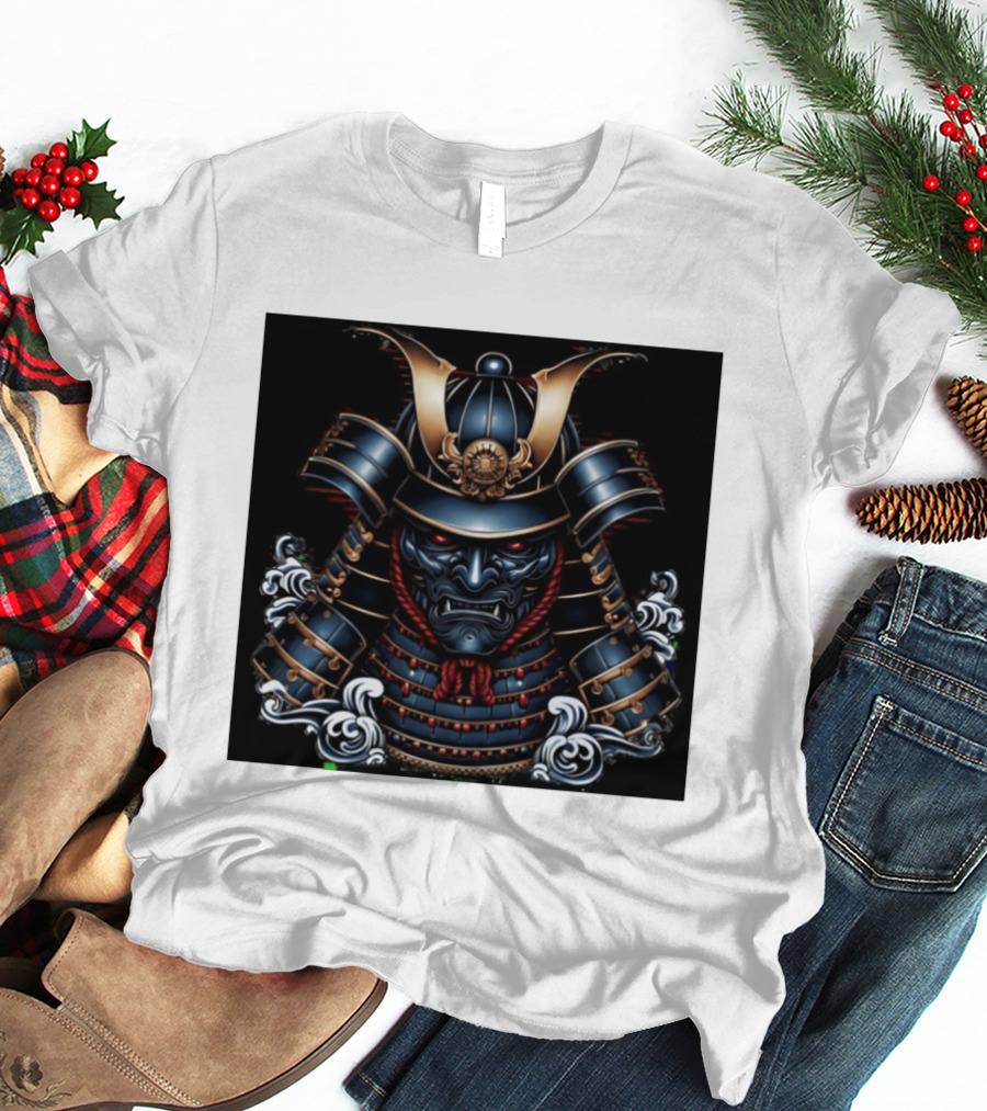 Samurai Warrior Mask Helmet With Traditional Armor And Red Accents T-Shirt