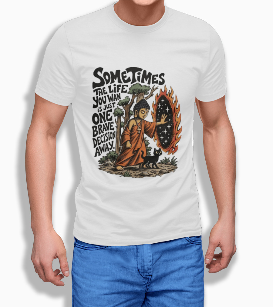 Sometimes The Life You Want Is Just One Brave Decision Away Buddha Cat Portal Forest T-Shirt