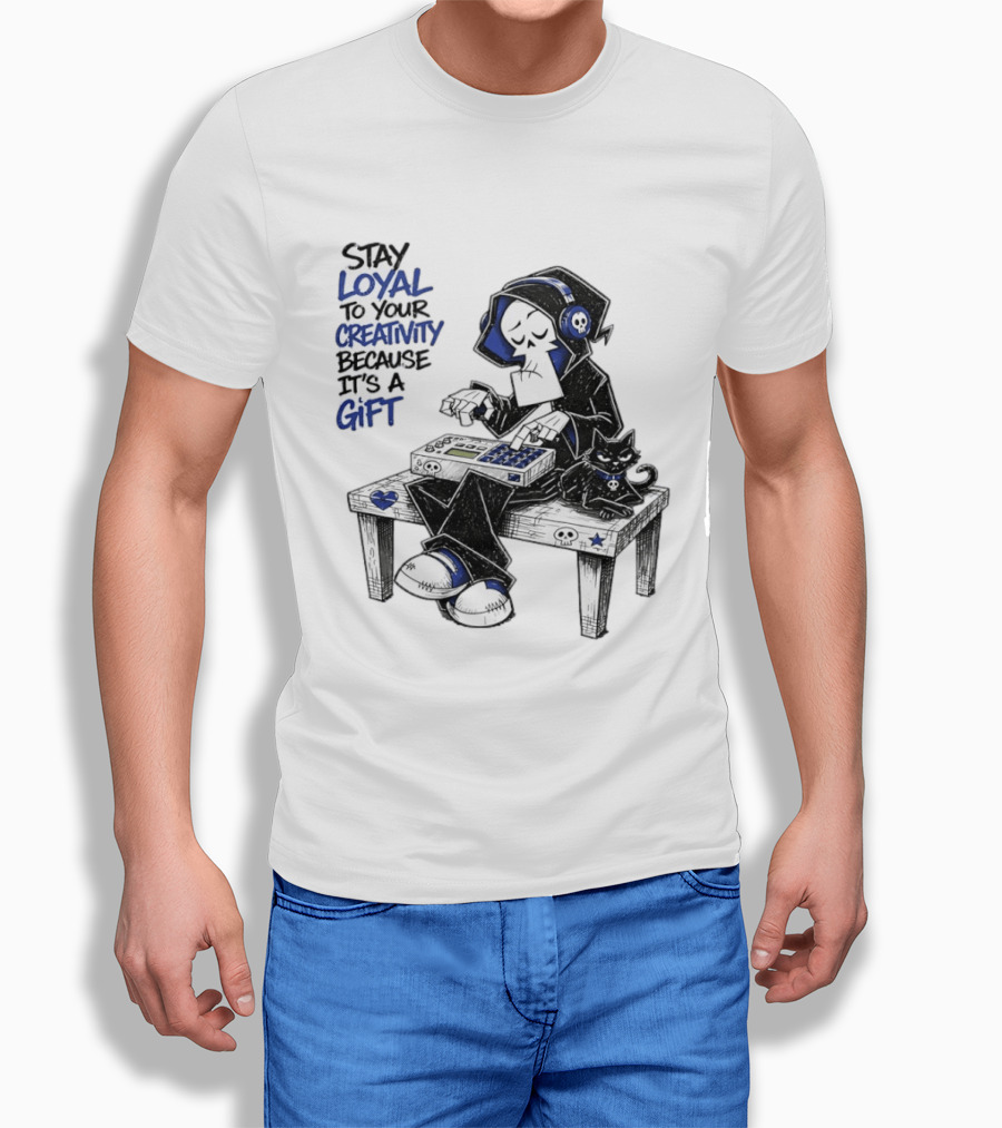Stay Loyal To Your Creativity Grim Reaper Music Producer With Cat T-Shirt