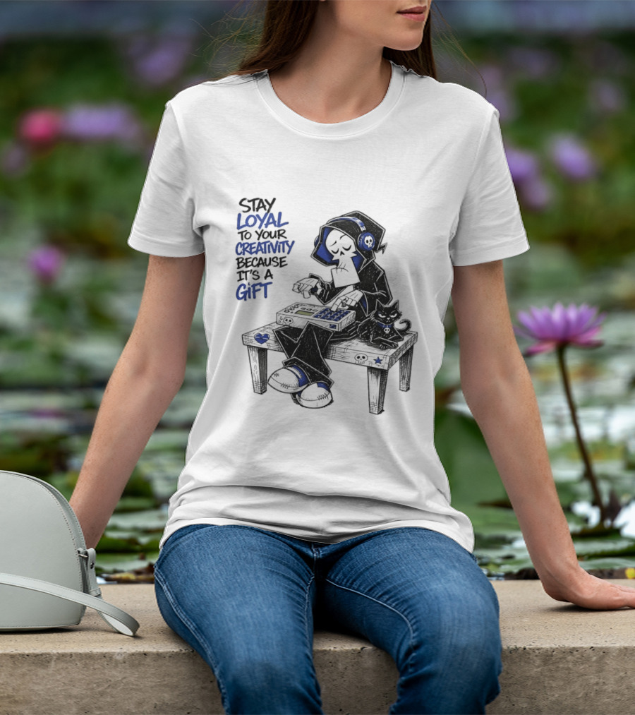 Stay Loyal To Your Creativity Grim Reaper Music Producer With Cat T-Shirt