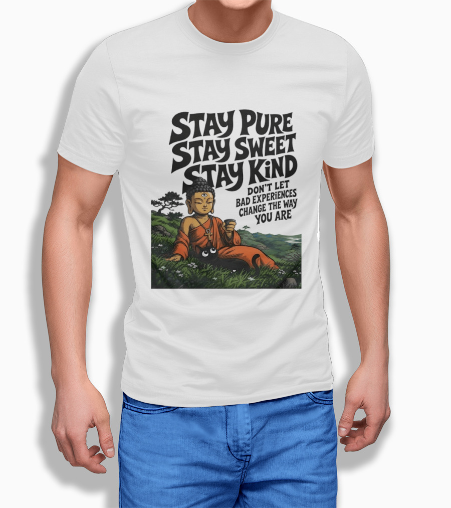 Stay Pure Stay Sweet Stay Kind Buddha Meditation With Cat Don't Let Bad Experiences Change The Way You Are T-Shirt