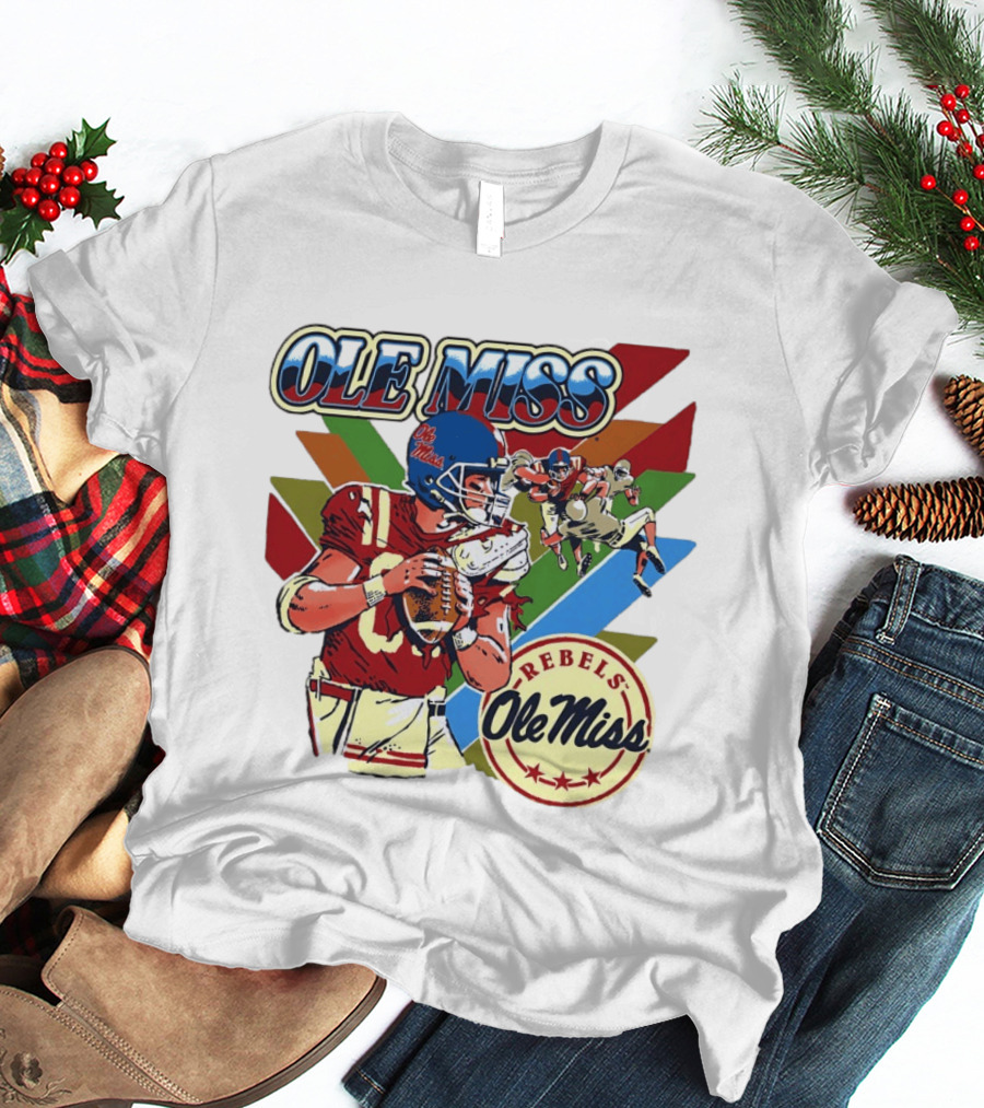 Ole Miss Rebels Football Player Action Retro Style Collaboration T-Shirt